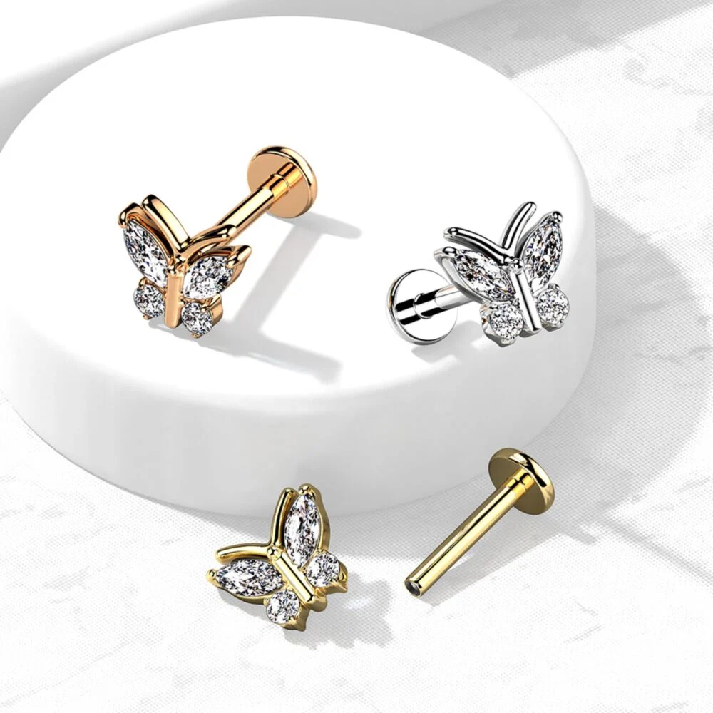 LARGE BUTTERFLY CRYSTAL FLAT BACK LABRET STUD