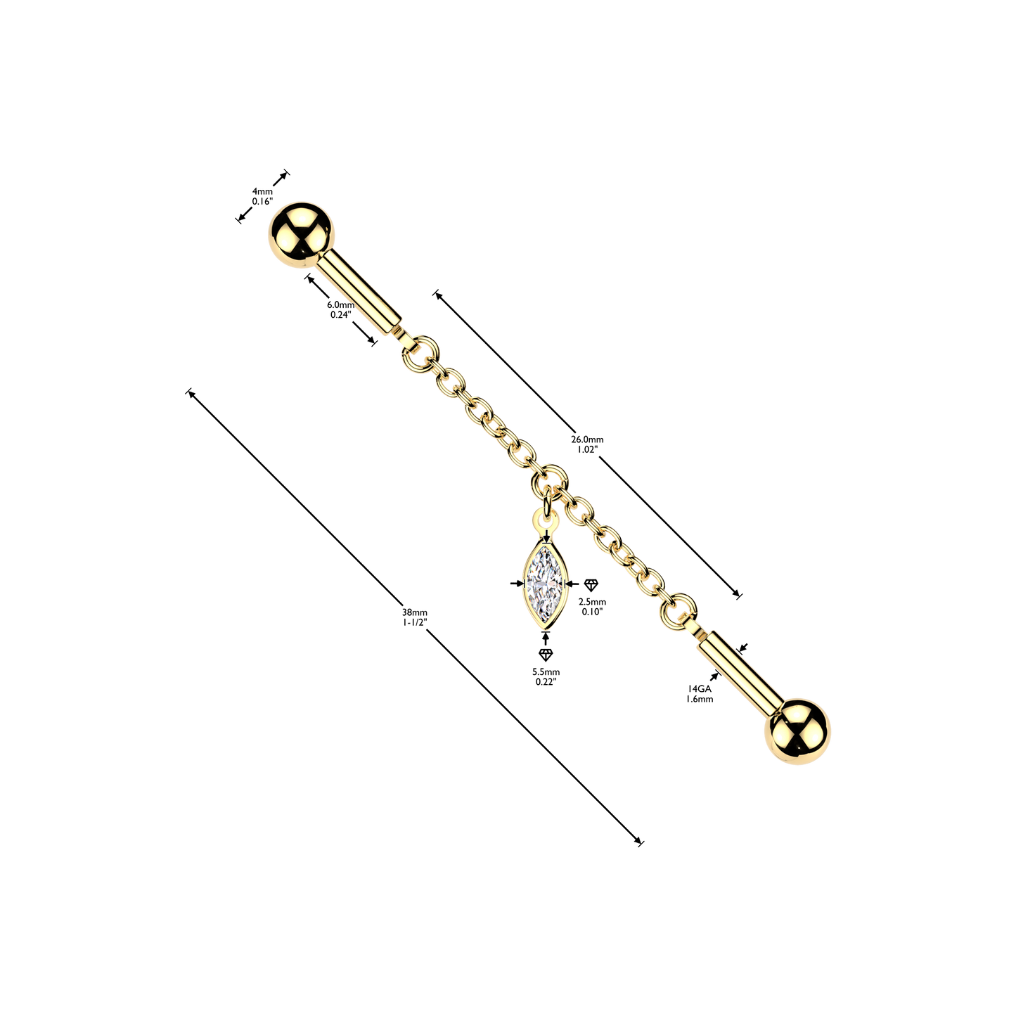GOLD CRYSTAL CHAIN DANGLY INDUSTRIAL WITH MARQUISE CHARM BAR - 14 GAUGE