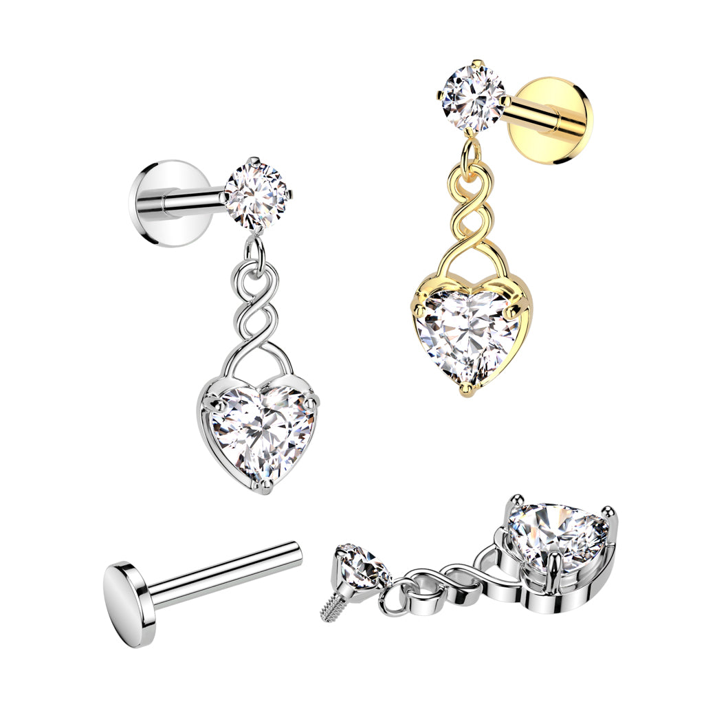 CRYSTAL INFINITY LOVE HEART CHARM FLAT BACK LABRET STUD - 8MM
