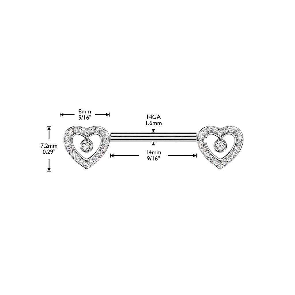 SILVER CRYSTAL LOVE HEART THREADLESS NIPPLE BAR - 14 GAUGE - 14MM
