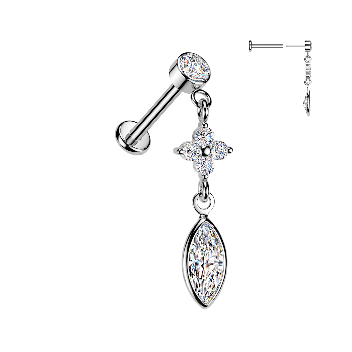 SILVER CRYSTAL CLOVER & TEARDROP MINI DANGLY CHARM FLAT BACK LABRET STUD
