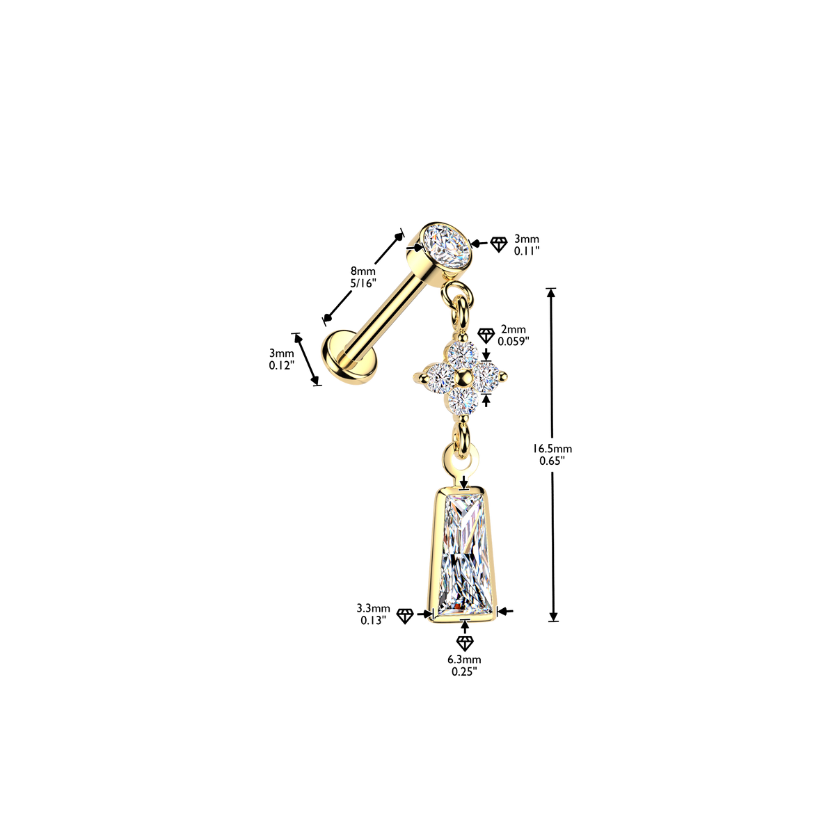CRYSTAL CLOVER & CHARM MINI DANGLY CHARM FLAT BACK LABRET STUD