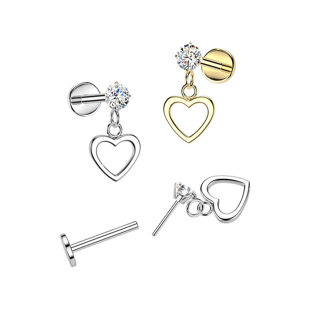 CRYSTAL LABRET WITH LOVE HEART CHARM - 16 GAUGE - 8MM THREADLESS