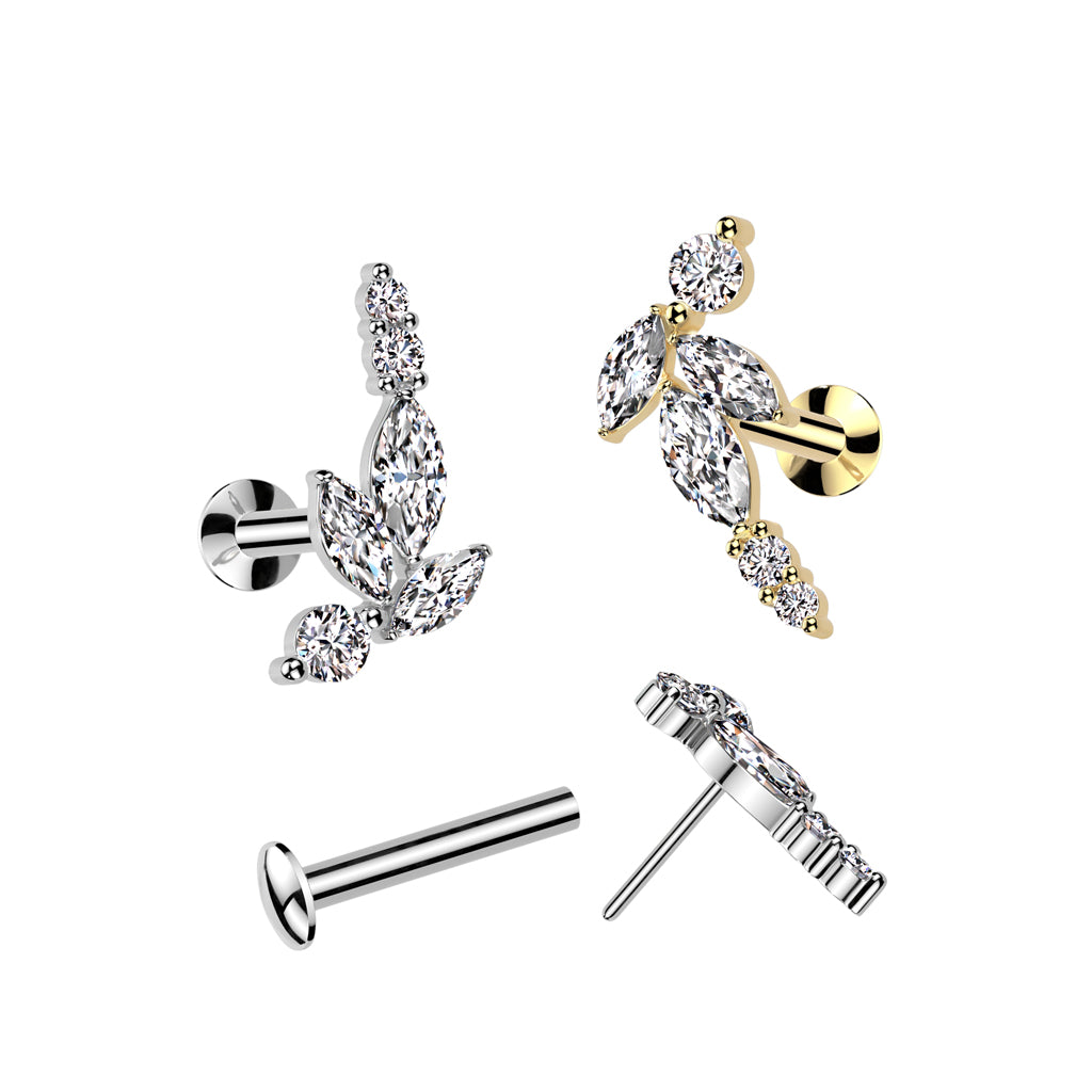 CRYSTAL CURVED CLUSTER THREADLESS FLAT BACK LABRET STUD -16 GAUGE - 8MM