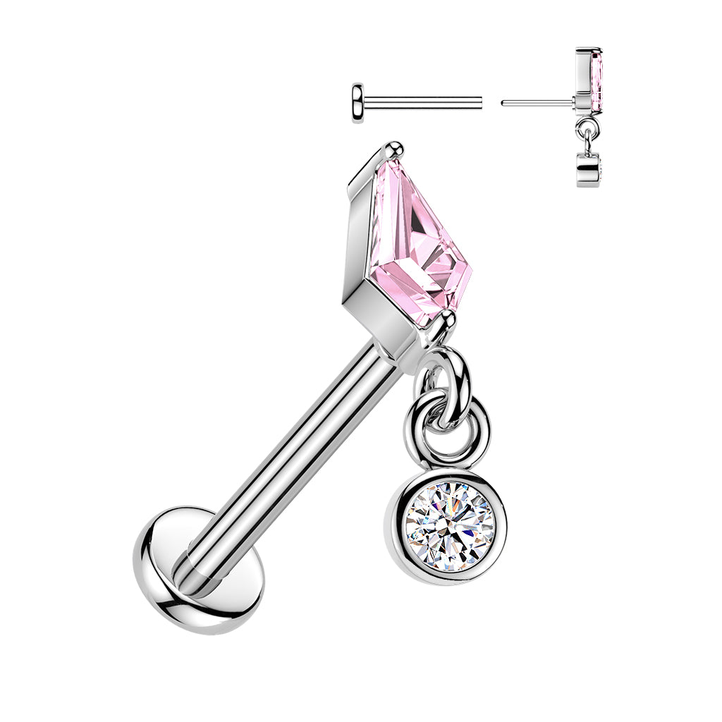 PINK CRYSTAL DANGLY CHARM FLAT BACK LABRET - THREADLESS - 16 GAUGE - 8MM