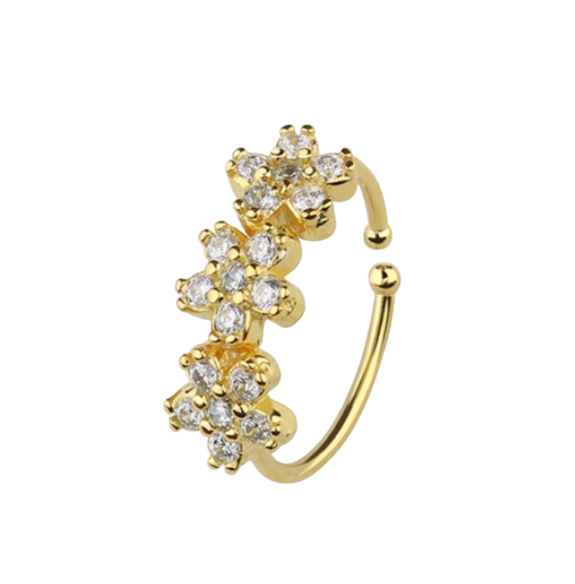 STERLING SILVER GOLD TRIPLE CRYSTAL FLOWER BENDABLE NOSE RING - 22 GAUGE - 8MM