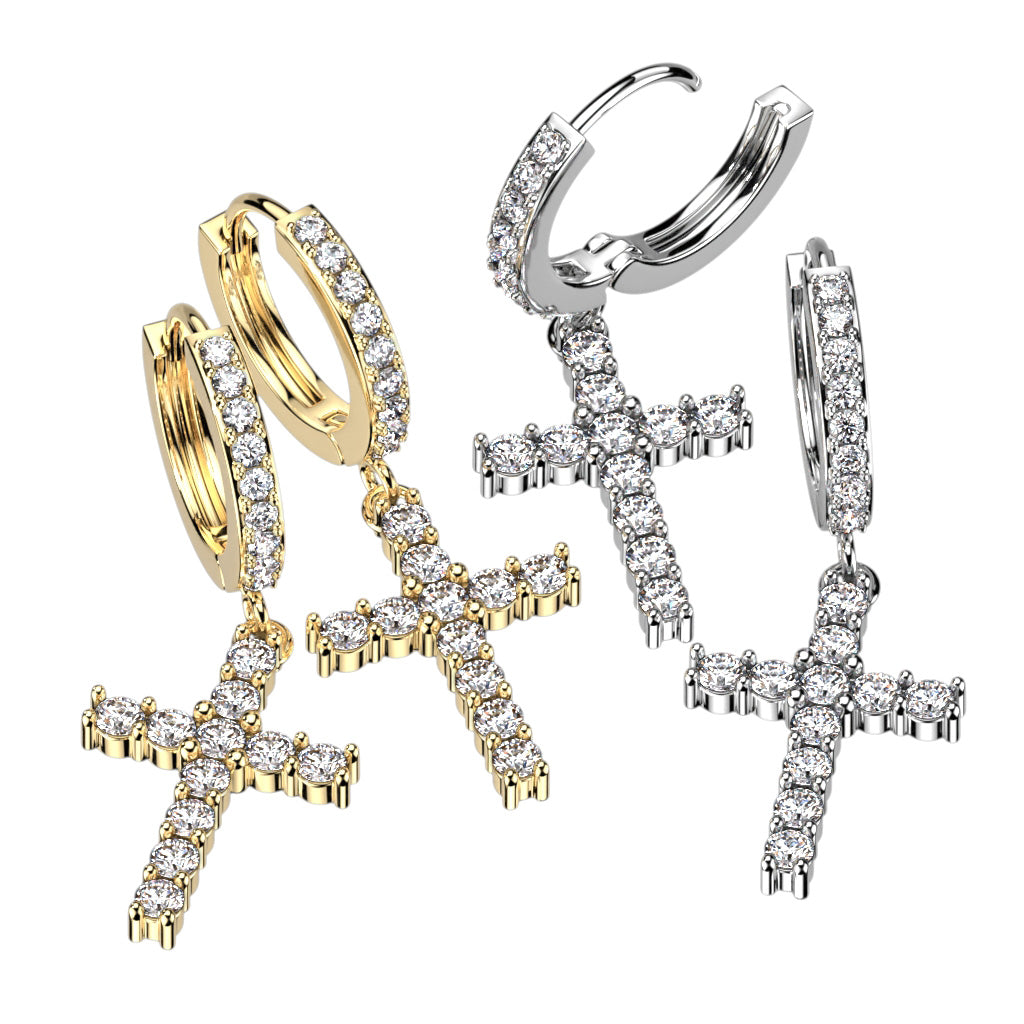 CRYSTAL CROSS CHARM HOOP EARRINGS