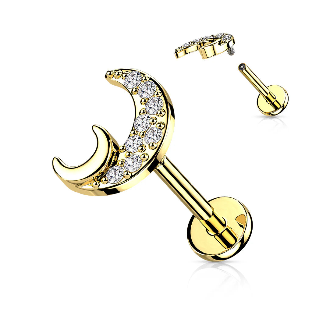 DOUBLE CRYSTAL MOON FLAT BACK LABRET STUD