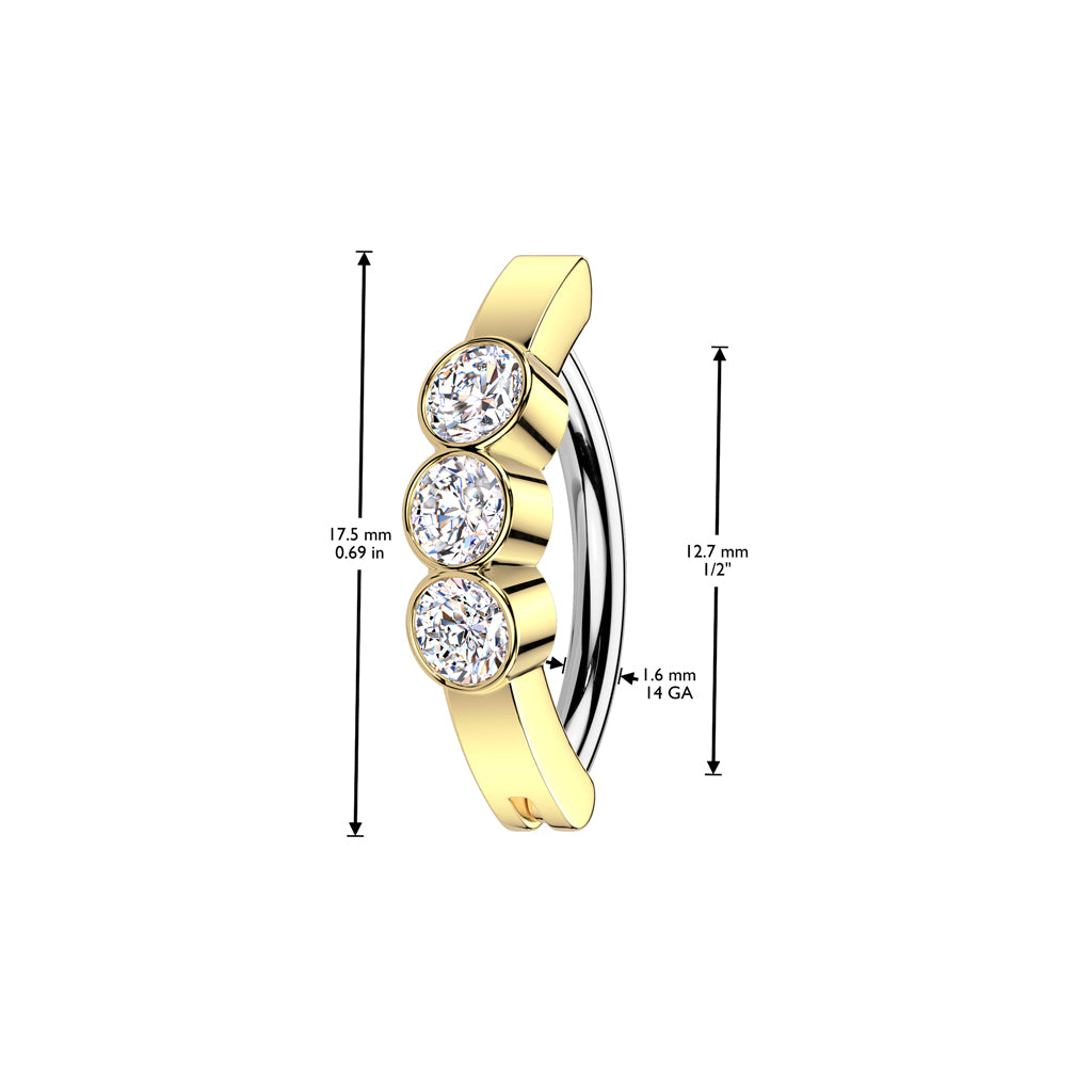 TRIPLE CRYSTAL CENTRE BELLY RING CLICKER HOOP- 11MM