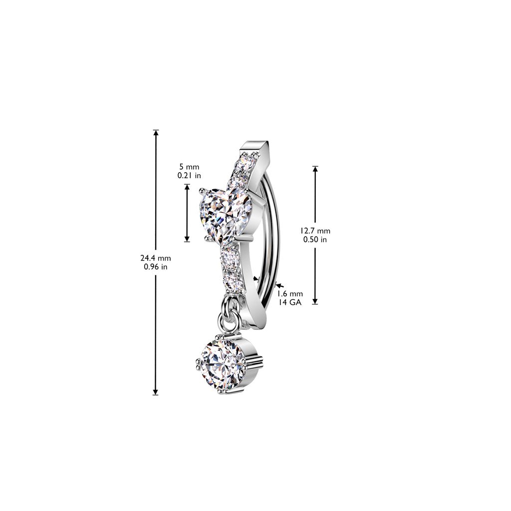 CRYSTAL LOVE HEART DANGLY CHARM BELLY RING CLICKER HOOP- 11MM
