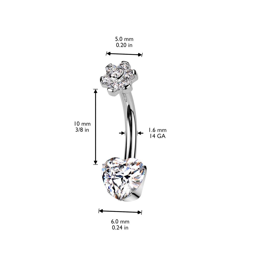 TITANIUM CRYSTAL BLOSSOM FLOWER & LOVE HEART BELLY BARBELL - 14 GAUGE - 10MM