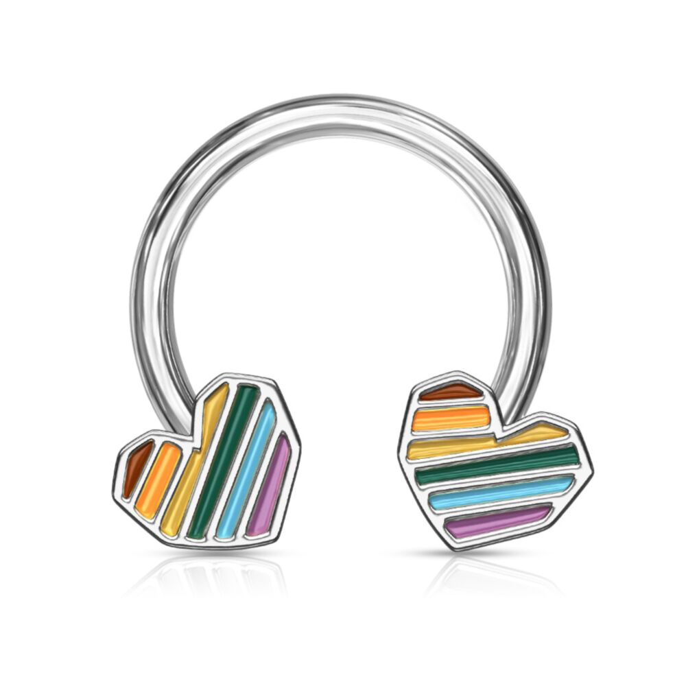 16 GAUGE RAINBOW HEART CIRCULAR BARBELL / HORSESHOE - 8MM