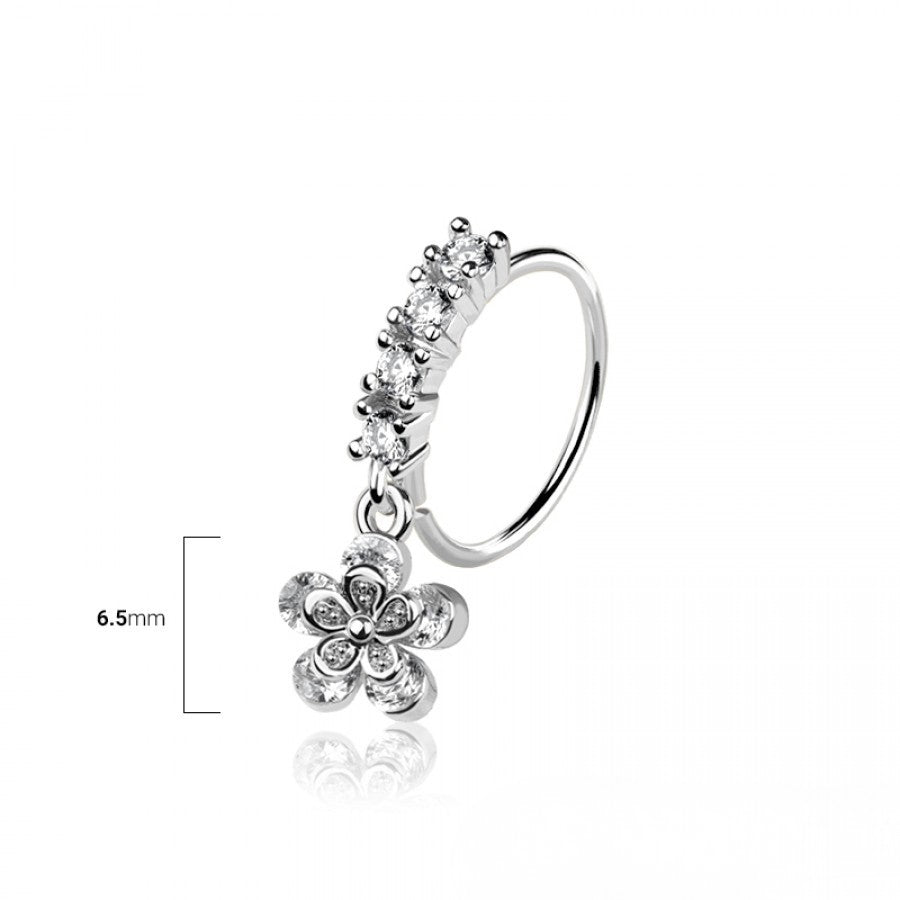SILVER CRYSTAL LINED FLOWER CHARM BENDABLE HOOP RING - 20 GAUGE - 8MM FOR EAR & NOSE
