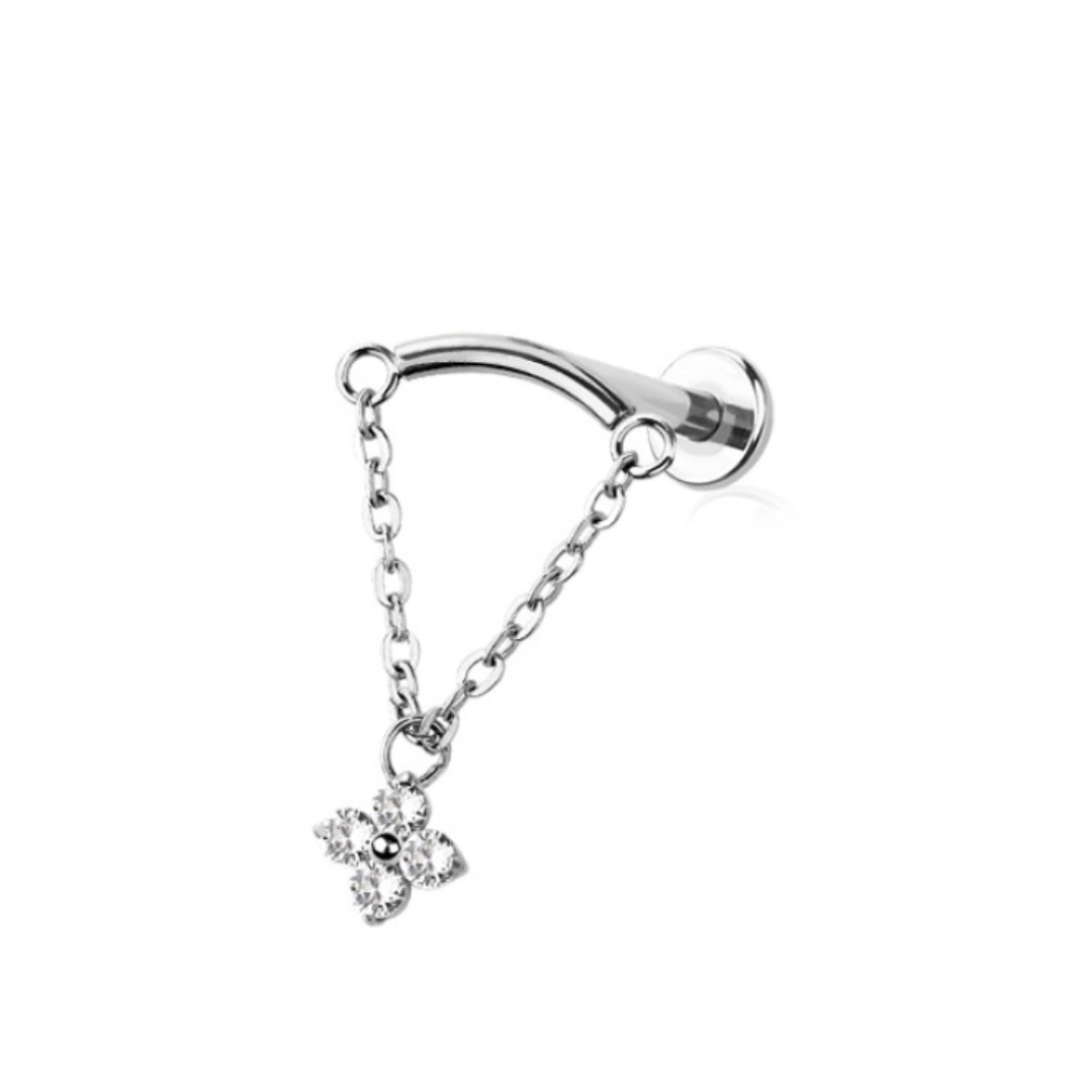 CRYSTAL FLOWER CHARM & CHAIN CURVED BAR FLAT BACK LABRET - 18 GAUGE - 6MM HIDDEN HELIX
