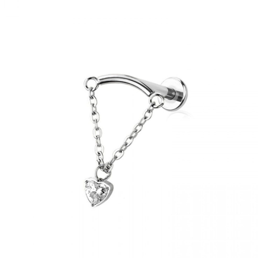 CRYSTAL LOVE HEART CHARM & CHAIN CURVED BAR FLAT BACK LABRET - 18 GAUGE - 6MM HIDDEN HELIX