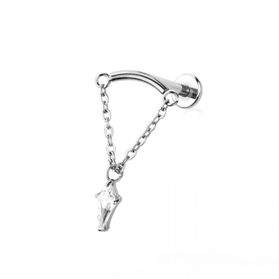 CURVED BAR DANGLE HIDDEN HELIX CLEAR MARQUISE CZ CHAIN PUSH IN TOP 316L SURGICAL STEEL LABRET