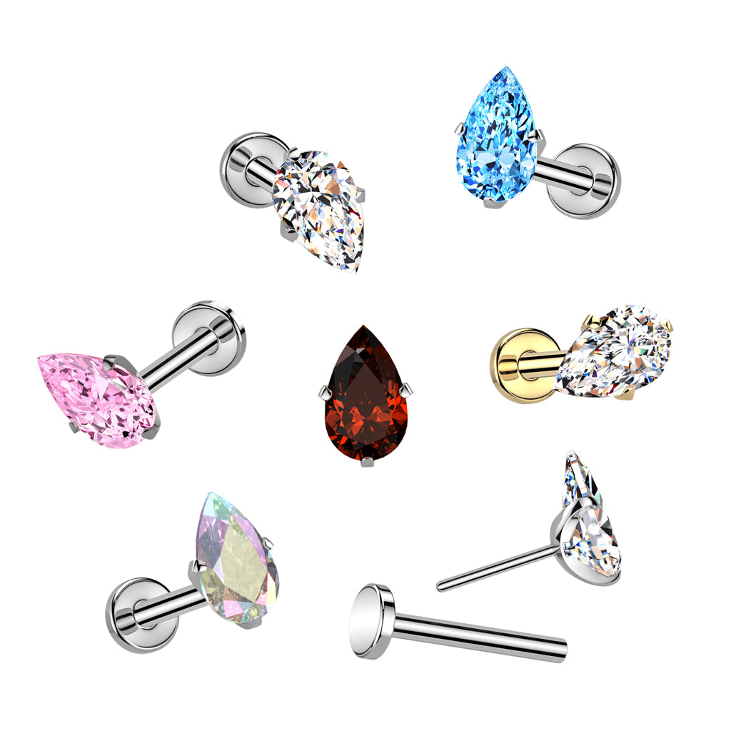 TITANIUM PINK CRYSTAL TEARDROP FLAT BACK LABRET THREADLESS - 8MM - 18 GAUGE