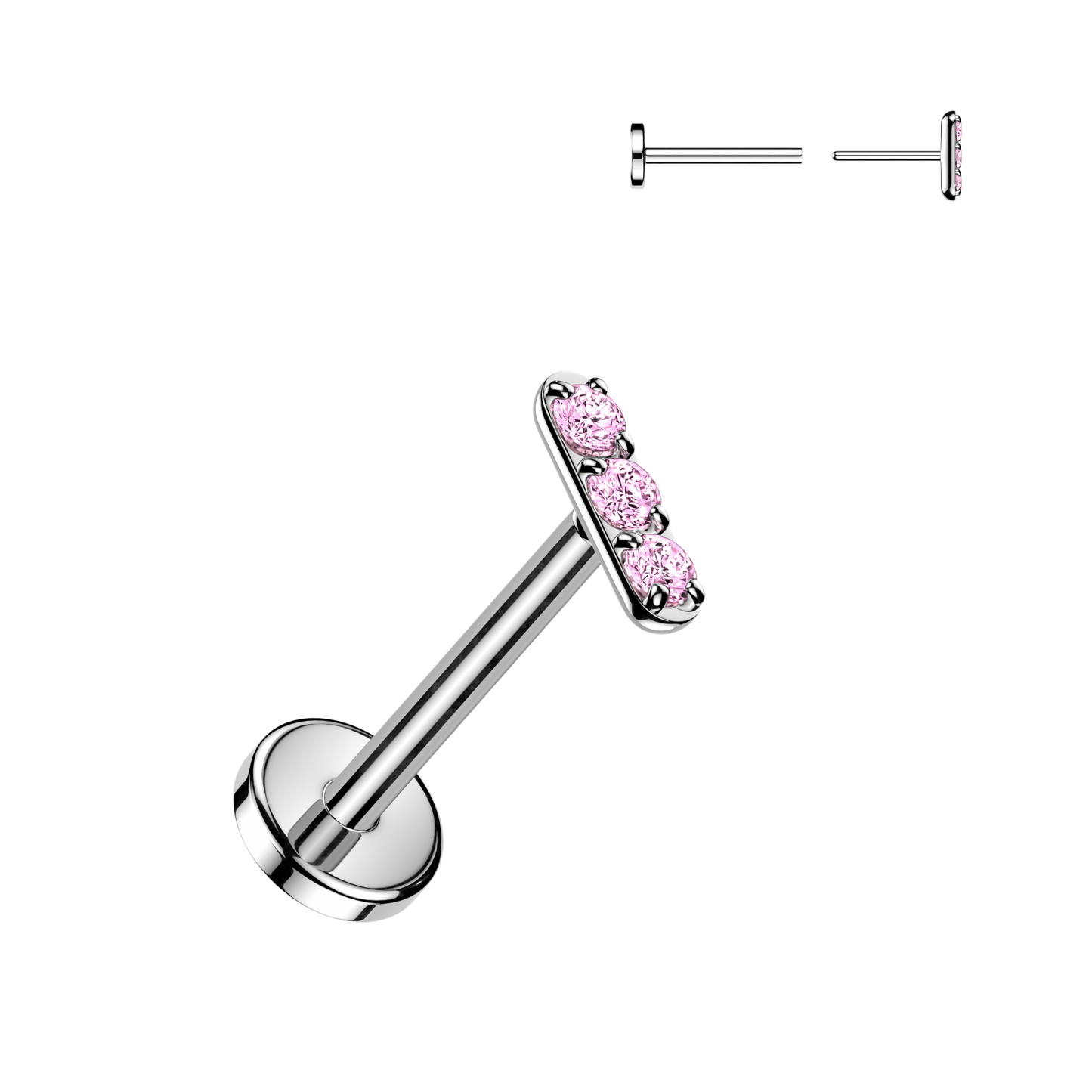 TITANIUM MICRO DAINTY TRIPLE BABY PINK CZ CRYSTAL FLAT BACK LABRET - THREADLESS - 18 GAUGE - 7MM