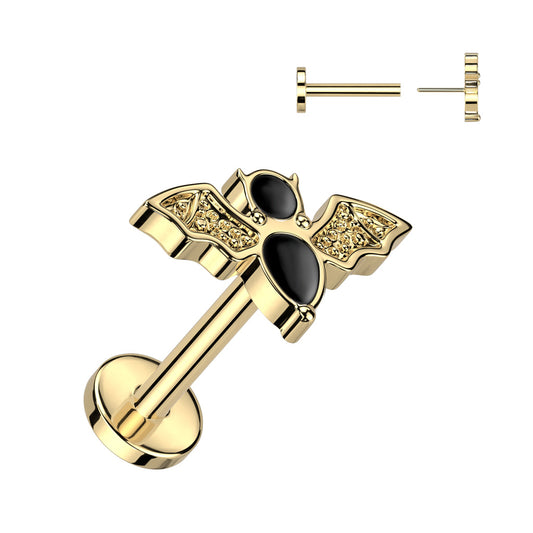 TITANIUM CRYSTAL BAT FLAT BACK LABRET STUD THREADLESS - 16 GAUGE - 8MM