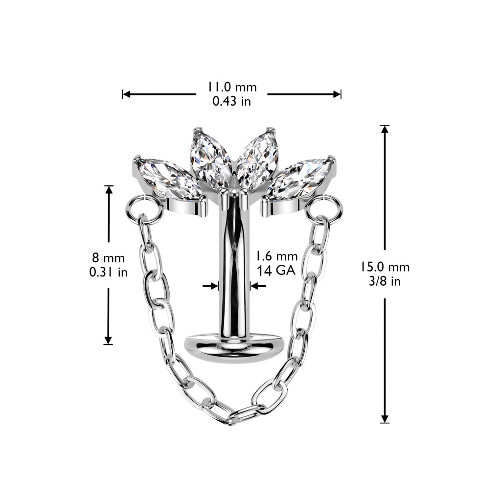TITANIUM CRYSTAL MARQUISE FLOATING BELLY BAR WITH CHAIN CHARM - 14 GAUGE - 8MM