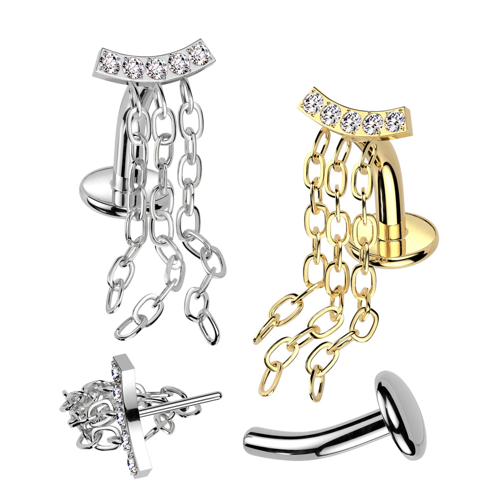 TITANIUM GOLD CRYSTAL LINED FLOATING BELLY BAR WITH DANGLY CHAIN CHARMS - 14 GAUGE - 8MM