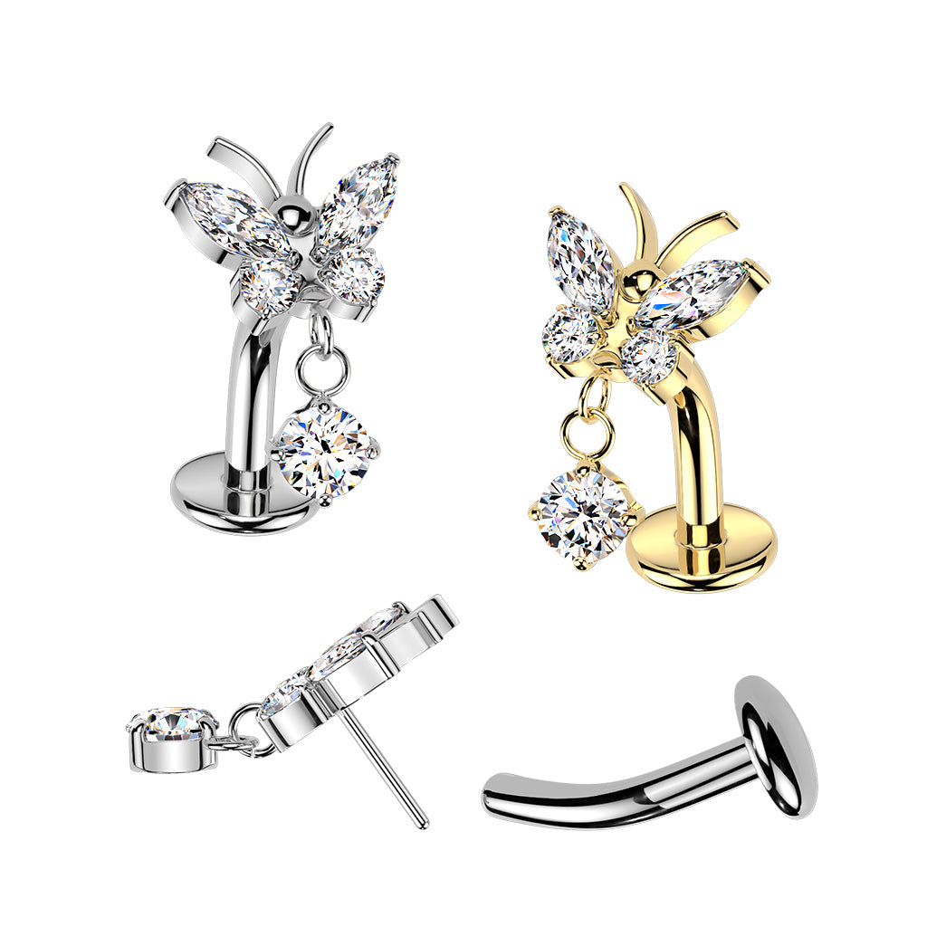 TITANIUM GOLD CRYSTAL BUTTERFLY FLOATING THREADLESS FLAT DISK BELLY BAR - 14 GAUGE - 10MM