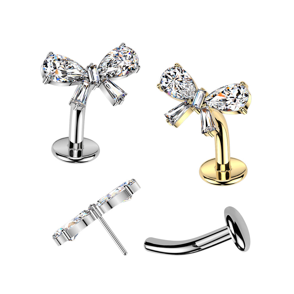 TITANIUM SILVER CRYSTAL BOW FLOATING THREADLESS FLAT DISK BELLY BAR - 14 GAUGE - 10MM