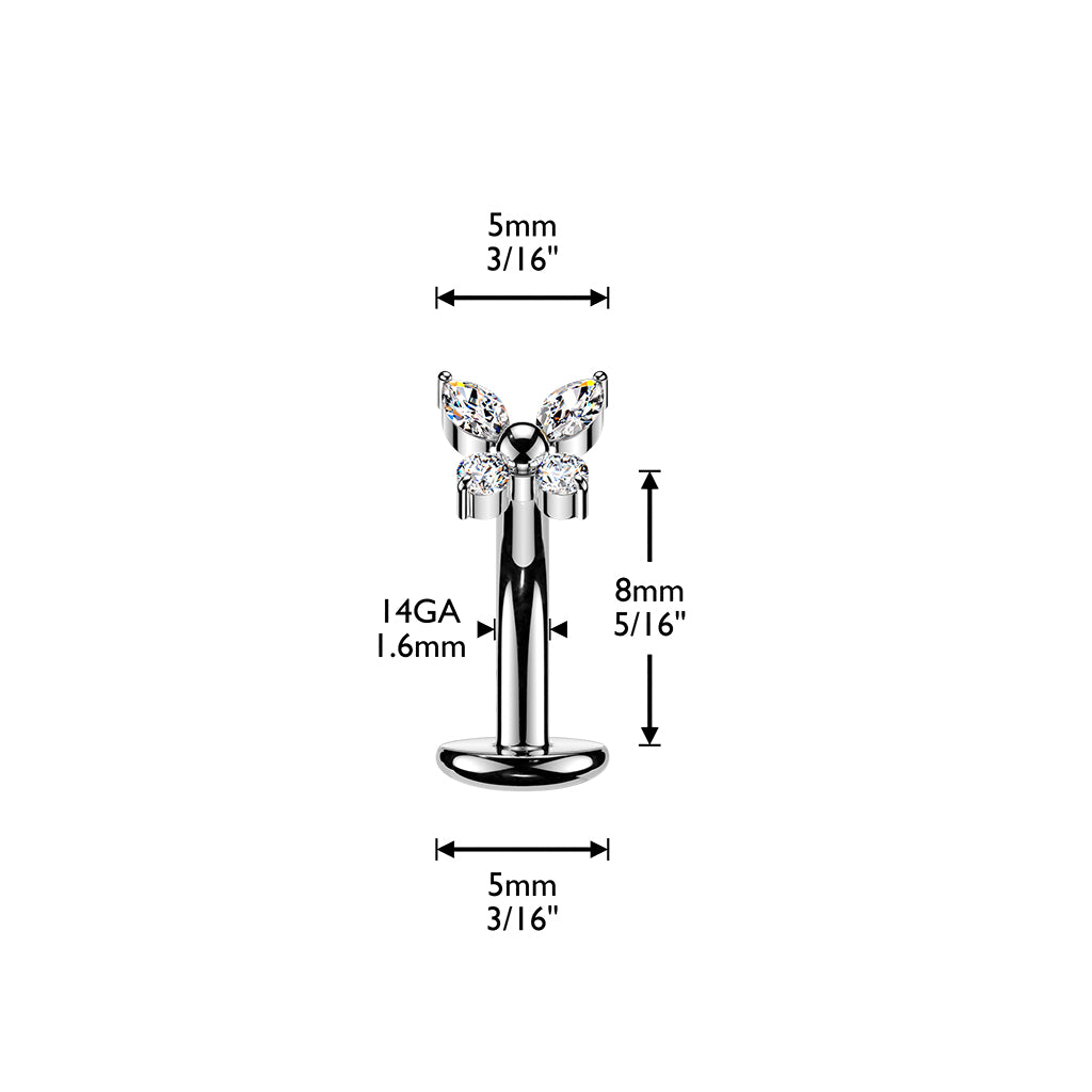 TITANIUM SILVER CRYSTAL BABY BUTTERFLY FLOATING BELLY BAR - THREADLESS 14 GAUGE - 8MM