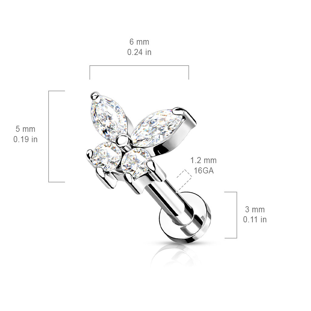 AURORA CRYSTAL DAINTY BUTTERFLY FLAT BACK LABRET STUD - 16 GAUGE - 6MM