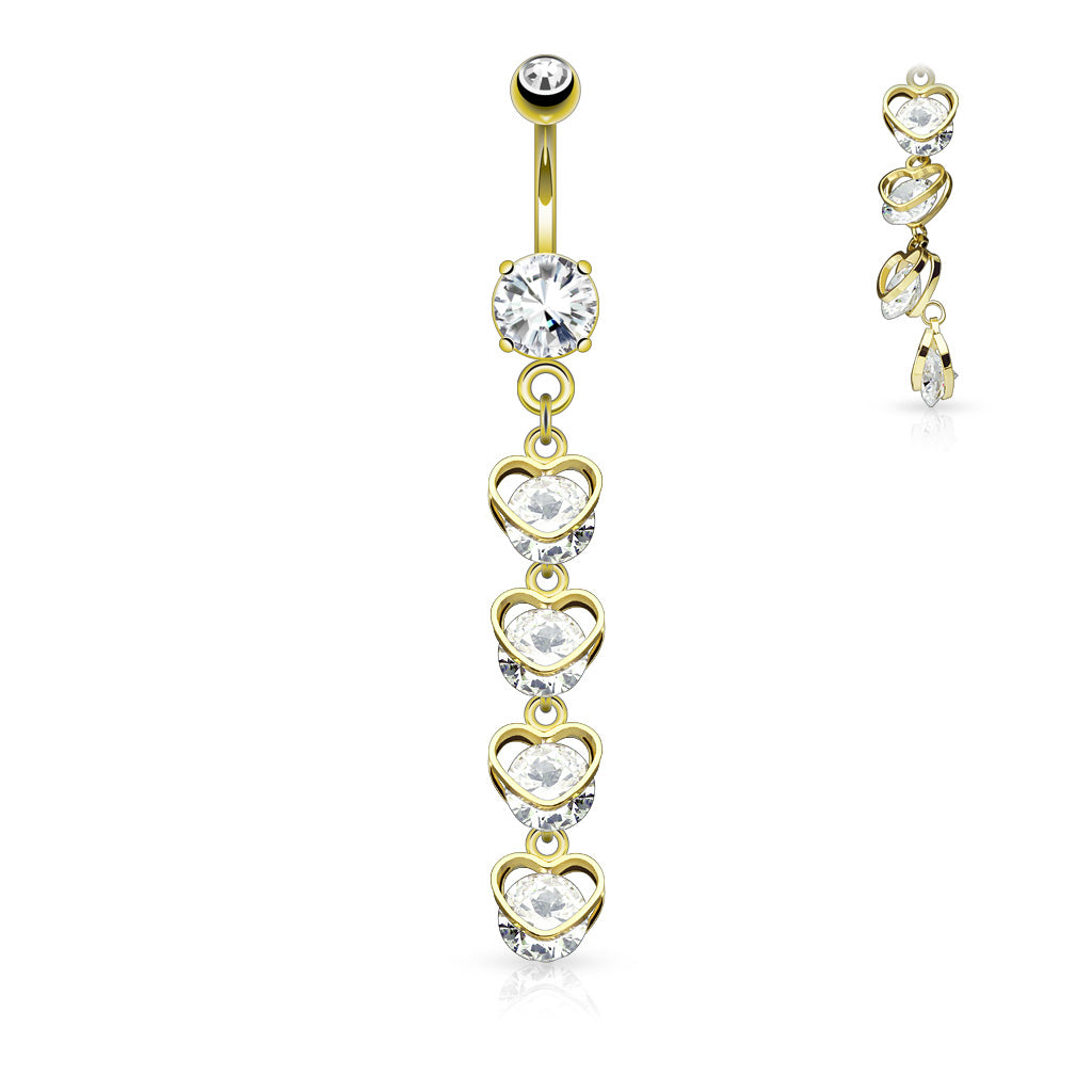 GOLD LOVE HEART ULTRA CRYSTAL CHARM BELLY BAR - 14 GAUGE - 10MM