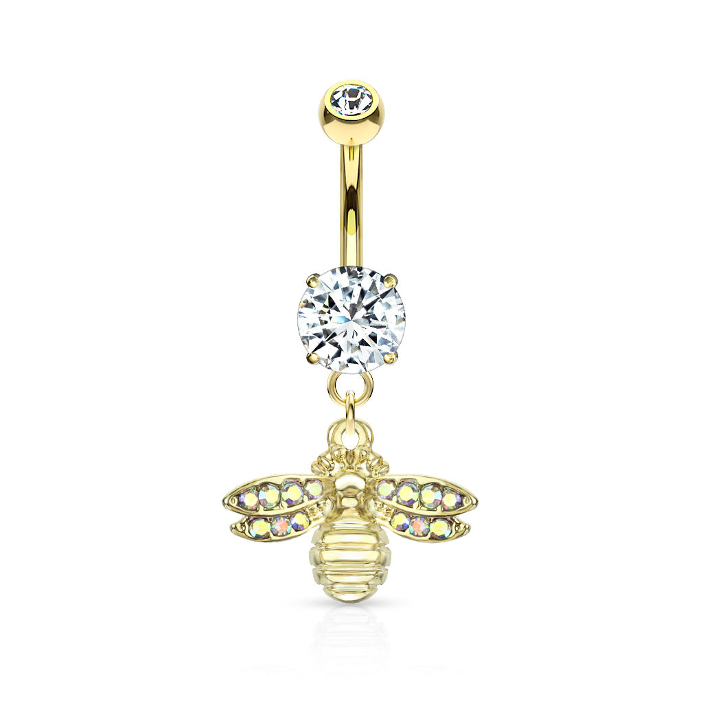 CRYSTAL BUMBLE BEE CHARM BELLY BAR - 14 GAUGE - 10MM