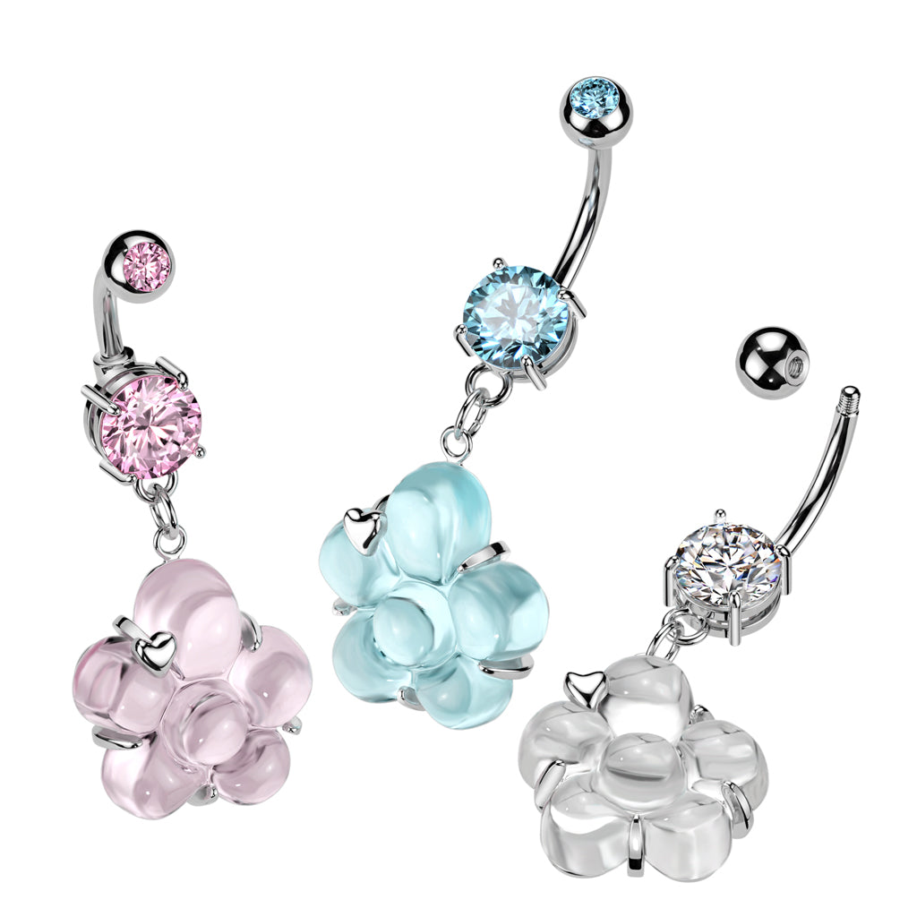 BABY BLUE DANGLY FLOWER CHARM BELLY BAR - 14 GAUGE - 10MM