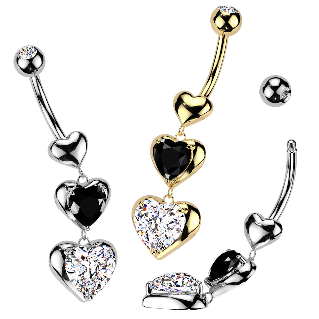 GOLD TRAILING LOVE HEART CHARM BELLY BAR WITH BLACK & SILVER CRYSTAL - 10MM - 14 GAUGE