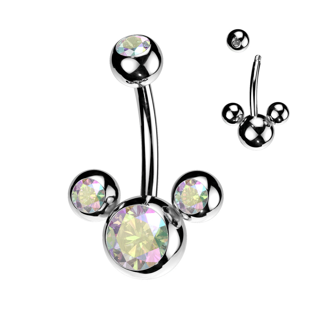 SILVER TRIPLE JEWELLED AURORA CRYSTAL BELLY BAR - 14 GAUGE - 10MM