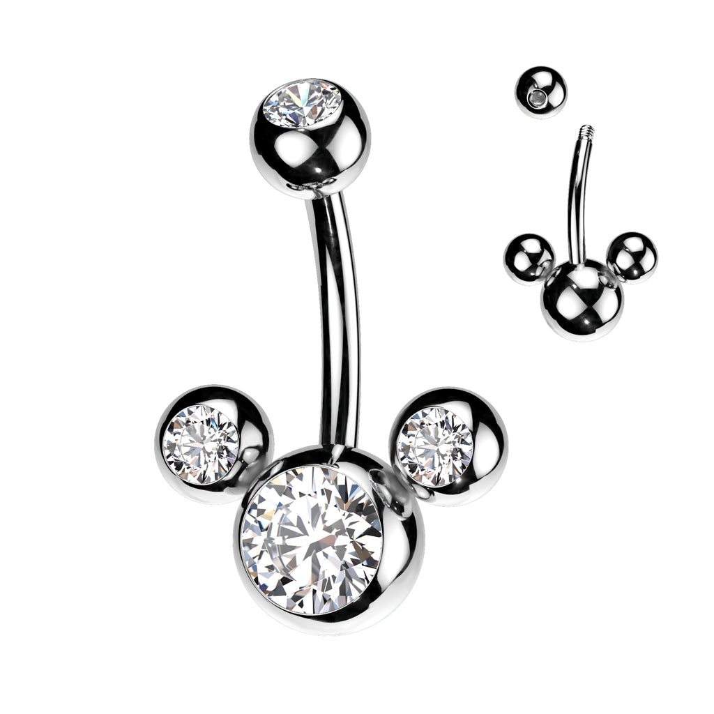 SILVER TRIPLE JEWELLED CLEAR CRYSTAL BELLY BAR - 14 GAUGE - 10MM