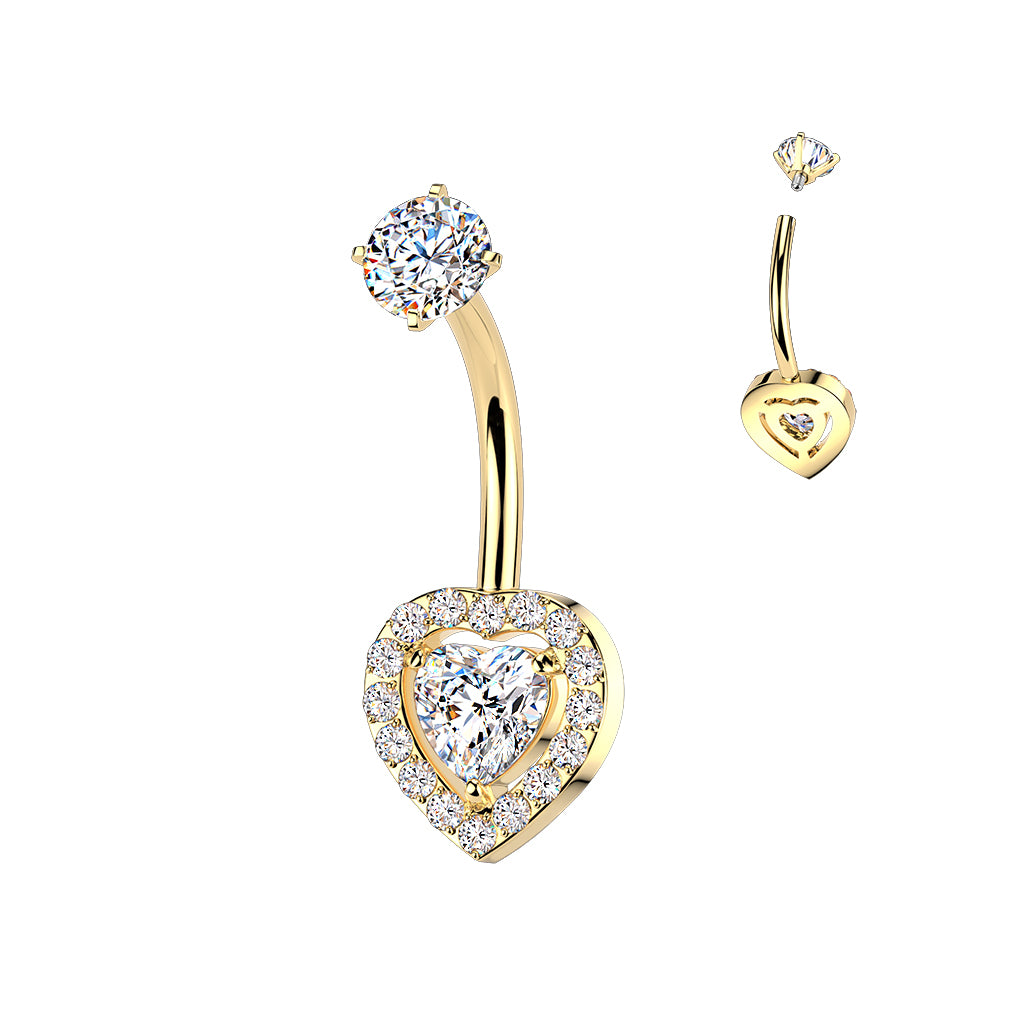 GOLD LOVE HEART CRYSTAL LINED CRYSTAL BELLY BAR - 10MM - 14 GAUGE