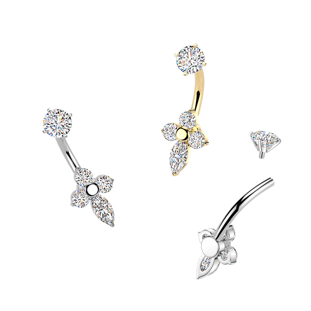 GOLD CRYSTAL CROSS BELLY BAR - 14 GAUGE - 14MM
