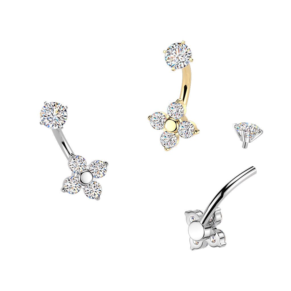 SILVER CRYSTAL CLOVER BELLY BAR - 14 GAUGE - 10MM