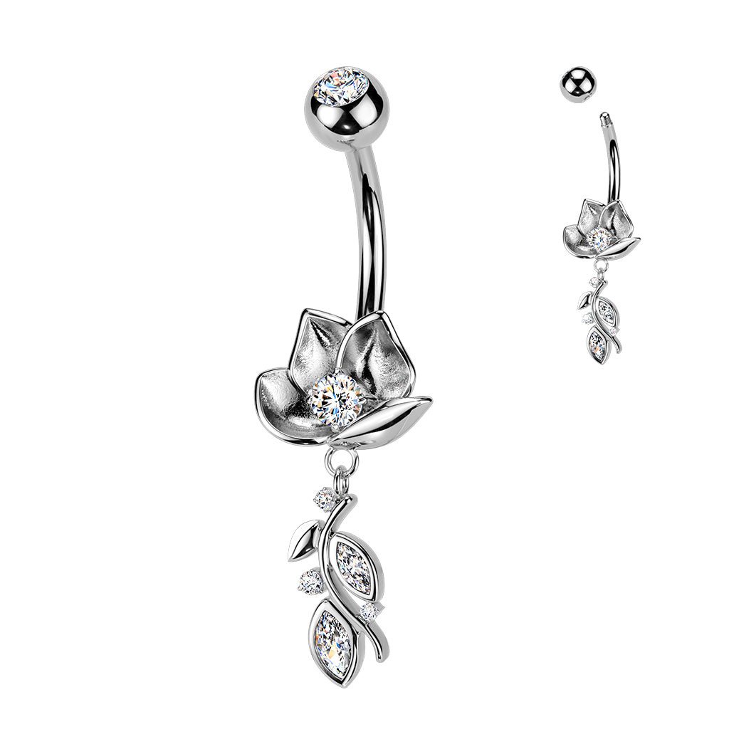 SILVER LOTUS FLOWER DANGLY CHARM BELLY BAR - 14 GAUGE - 10MM