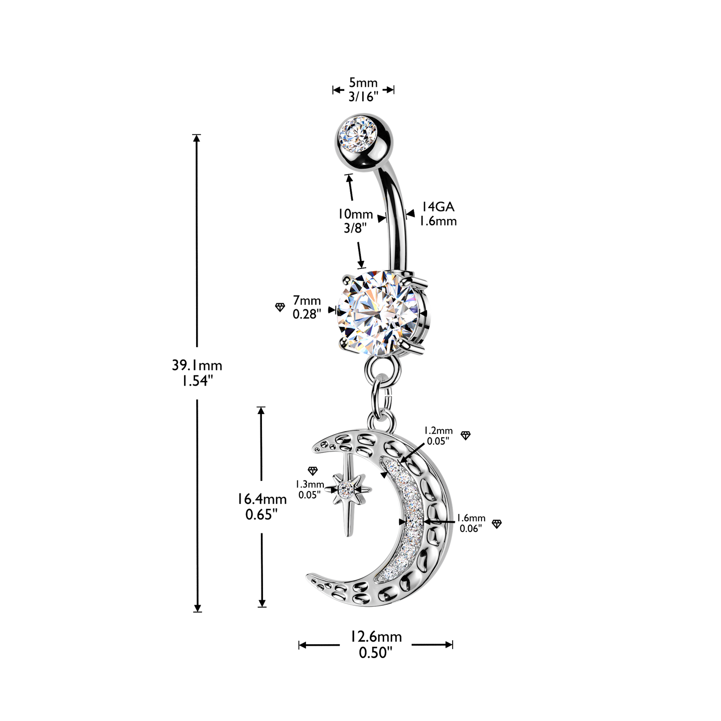 SILVER CRYSTAL MOON & NORTHERN STAR CHARM BELLY BAR - 14 GAUGE - 10MM