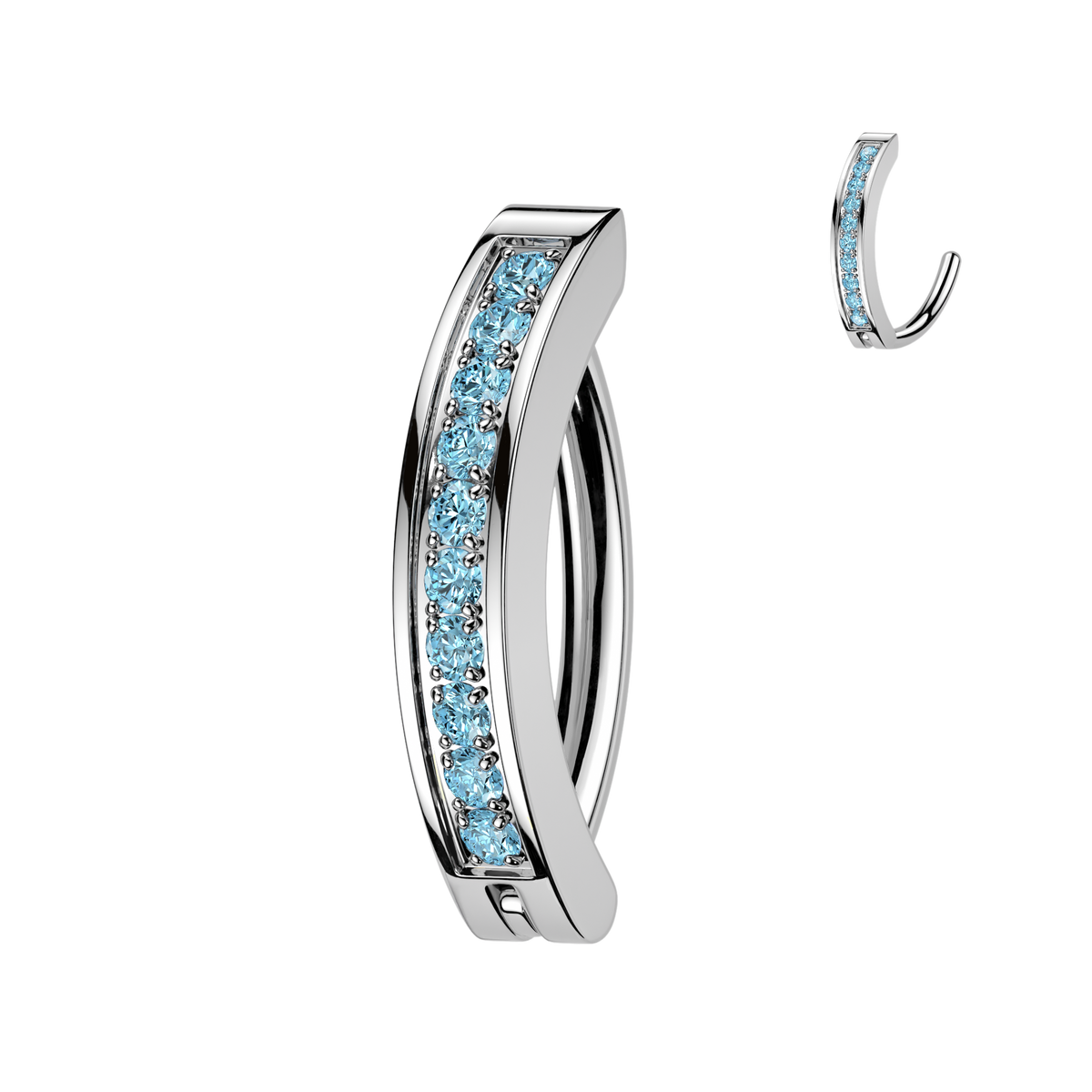 STAINLESS STEEL SILVER & BLUE CRYSTAL LINED BELLY CLICKER BAR - 10MM