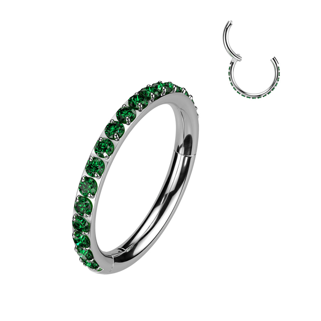 TITANIUM EMERALD GREEN CRYSTAL HOOP RING FOR EAR & NOSE - 18 GAUGE - 8MM