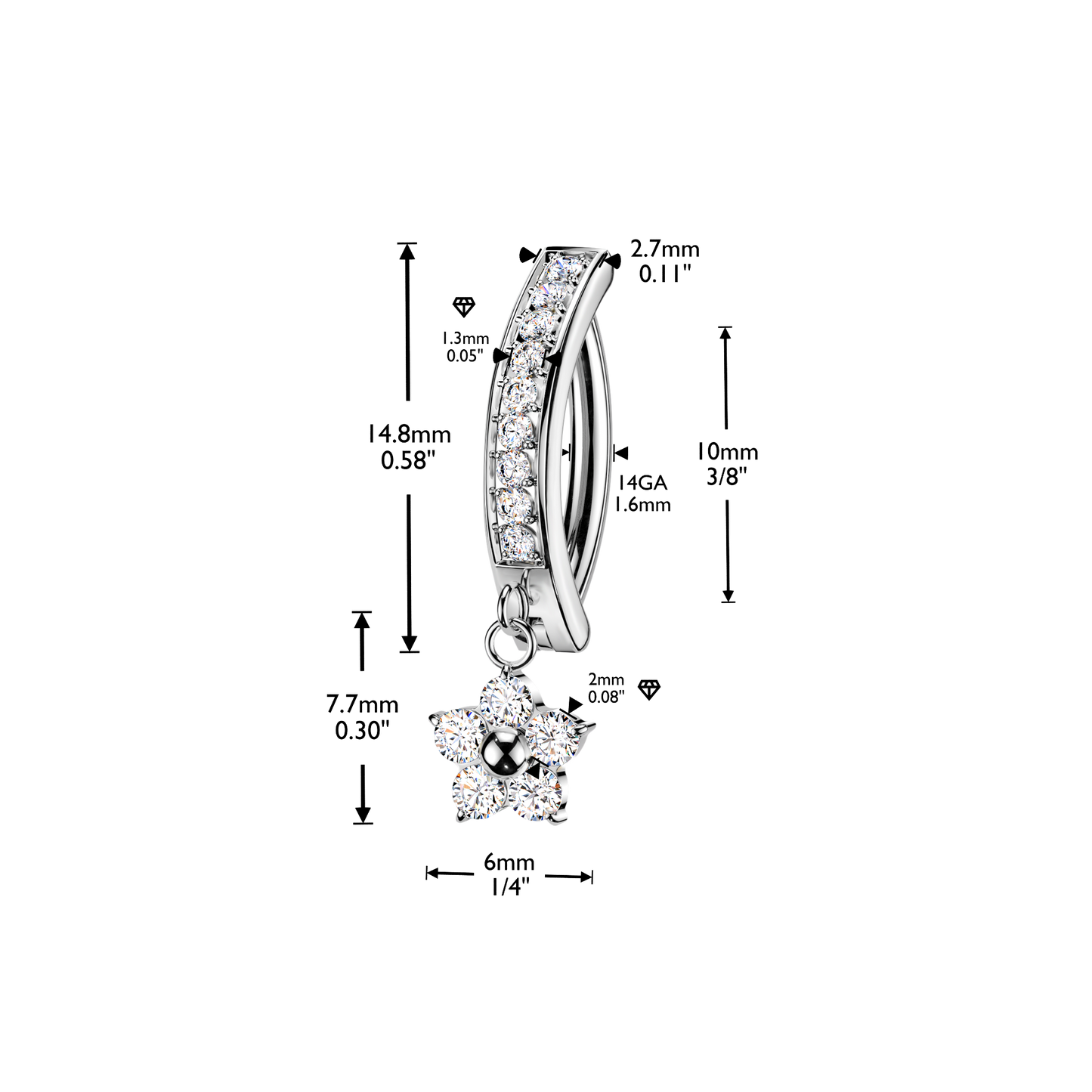 TITANIUM SILVER CRYSTAL FLOWER CHARM DANGLY BELLY CLICKER HOOP - 14 GAUGE - 10MM
