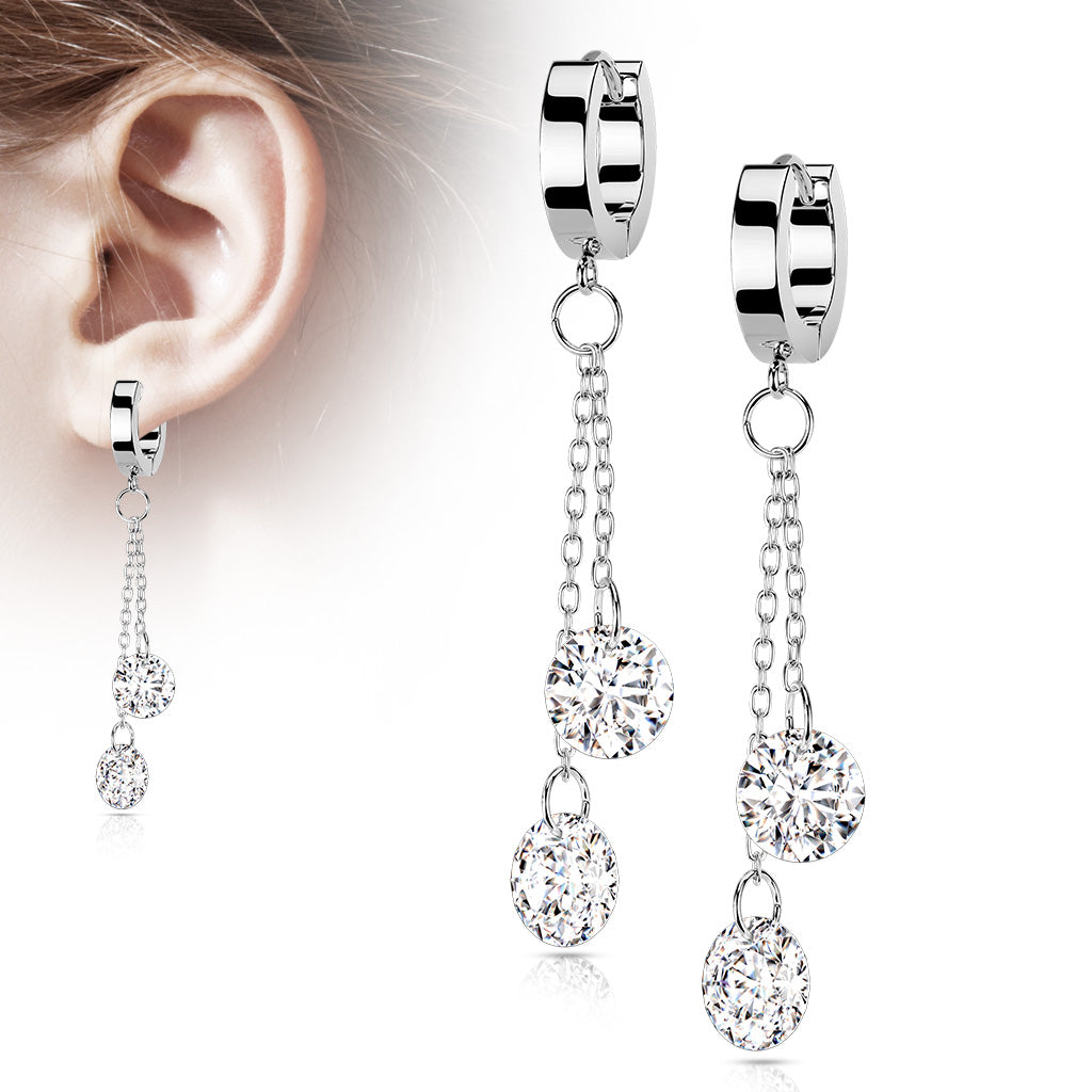 DOUBLE CRYSTAL CHARM DANGLY HOOP EARRINGS - 20 GAUGE - 12MM