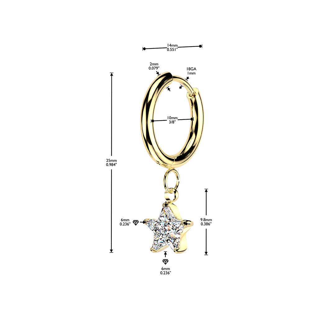 GOLD CRYSTAL DANGLY STAR CHARM HUGGIE HOOPS - 10MM - 18 GAUGE