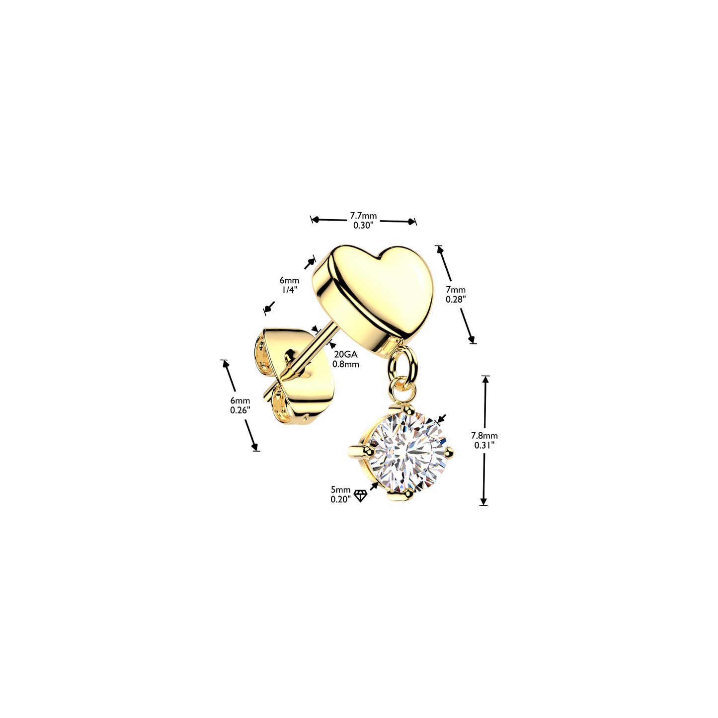 GOLD LOVE HEART CRYSTAL CHARM STUD EARRINGS