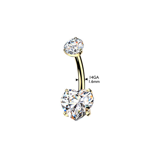 TITANIUM GOLD CRYSTAL LOVE HEART BELLY BAR -12MM