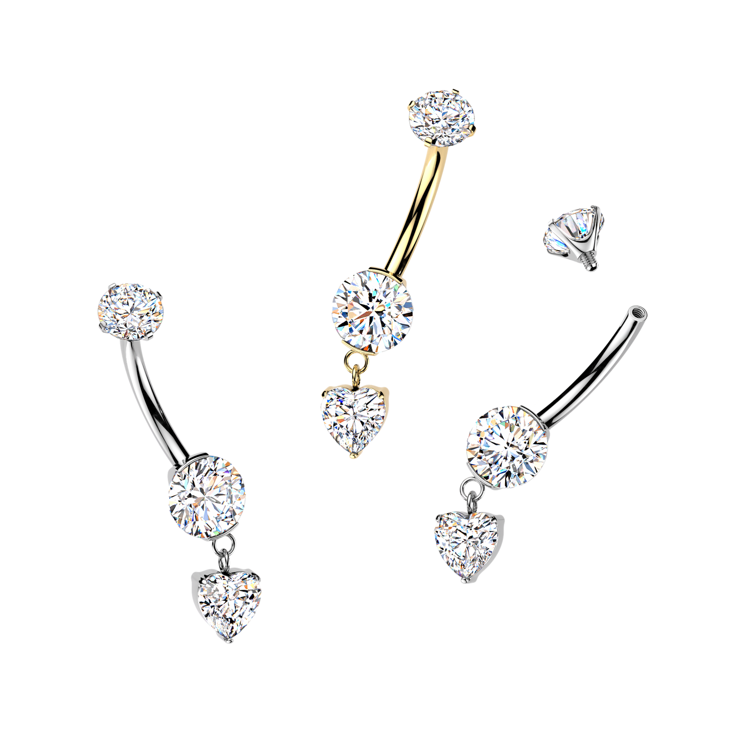 TITANIUM SILVER CRYSTAL DANGLY HEART BELLY BAR - 14 GAUGE - 10MM