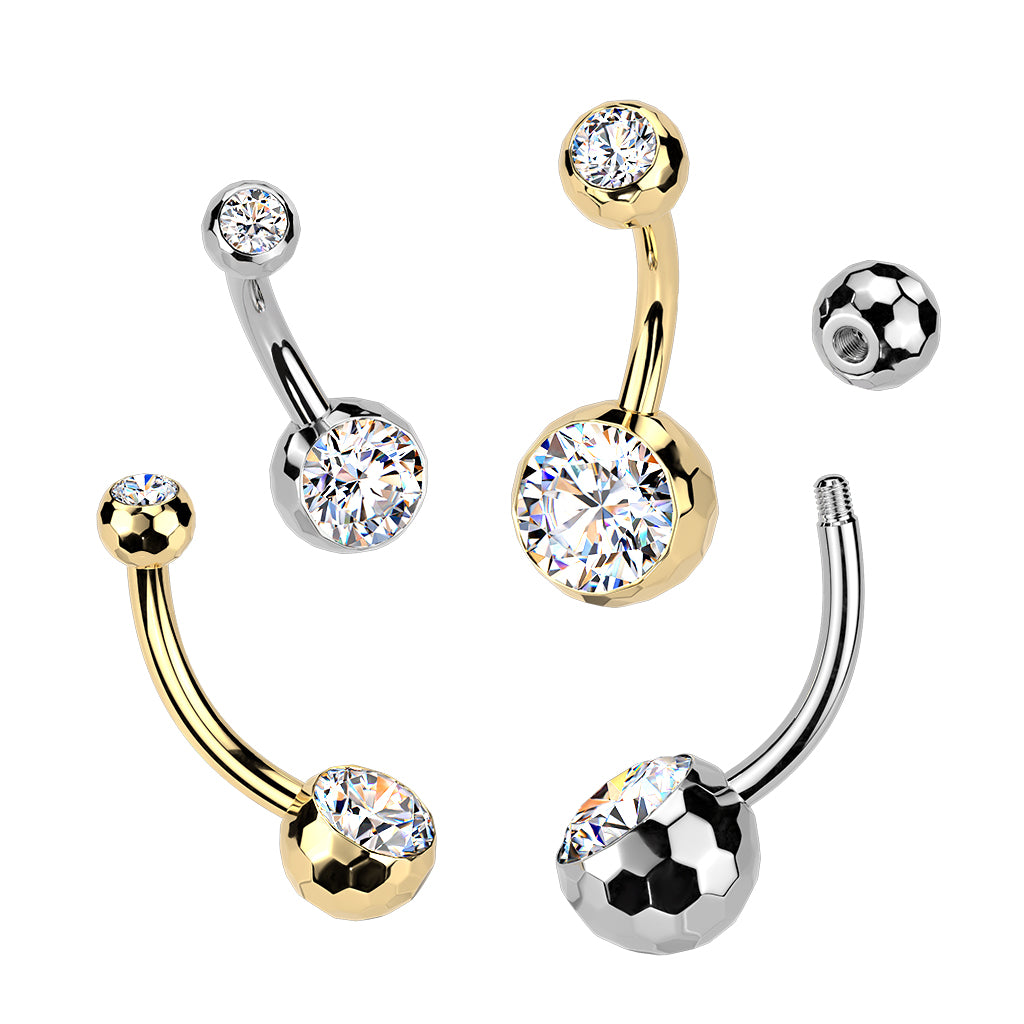 TITANIUM SILVER HONEYCOMB DISCO BALL CRYSTAL BELLY BAR - 14 GAUGE - 10MM