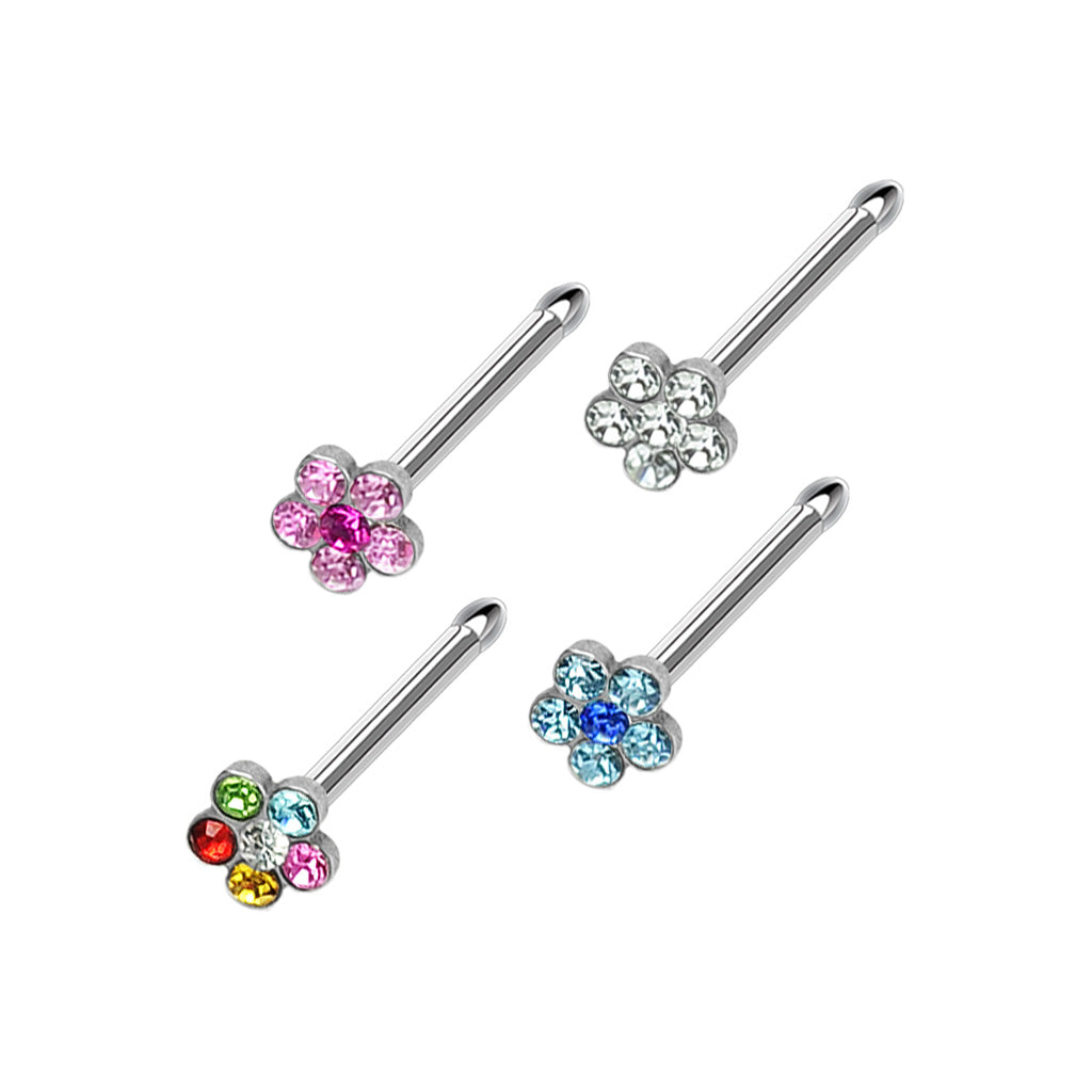 MULTI PACK OF 4 OF DAINTY CRYSTAL STRAIGHT BAR NOSE STUDS - 20 GAUGE - 6MM